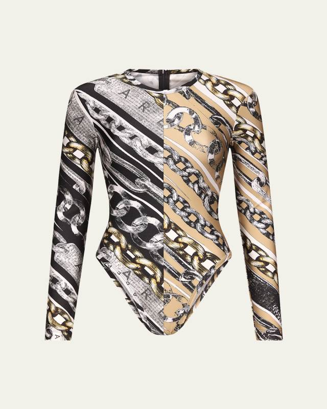 Chain-Print Long-Sleeve Bodysuit